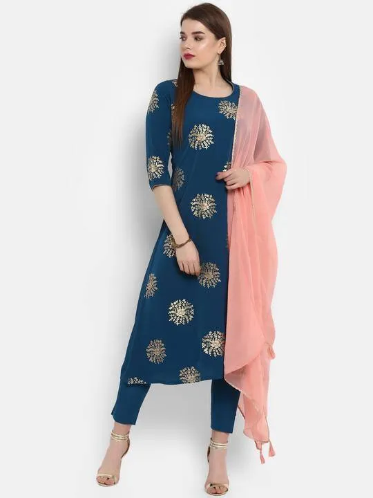 Blue Gold Print Kurta Palazzo Set