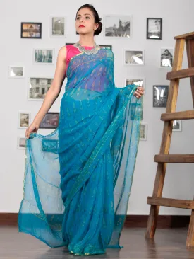 Blue Green Hand Block Printed Chiffon Saree with Zari Border - S031702756