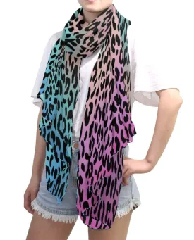 Blue Leopard Print Long Silk Scarf Shawl Wrap