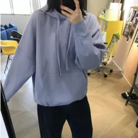 Blue Solid Color Oversized Hooded Sweatshirt