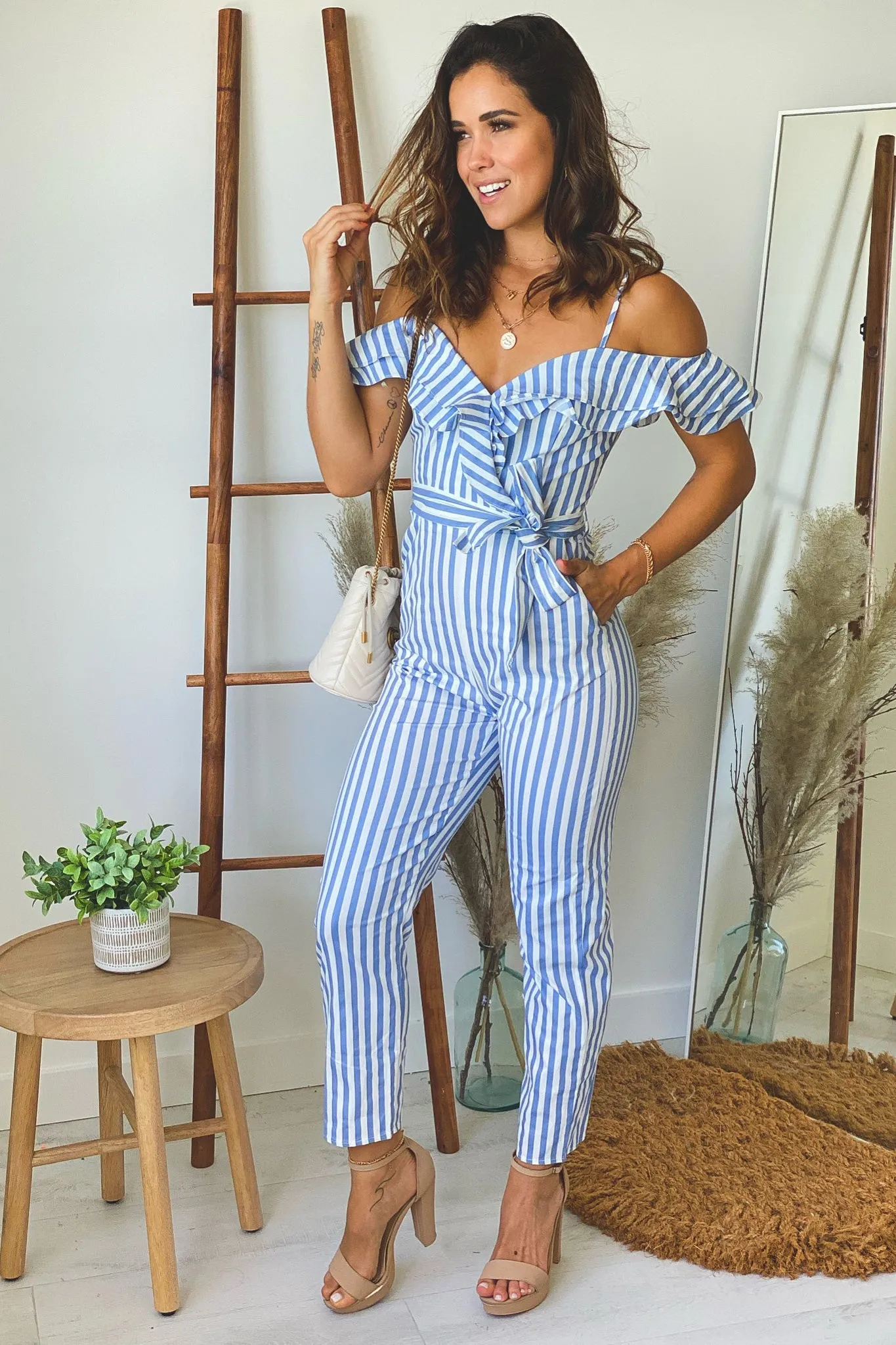 Blue Striped Ruffled Jumpsuit