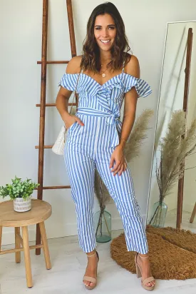 Blue Striped Ruffled Jumpsuit