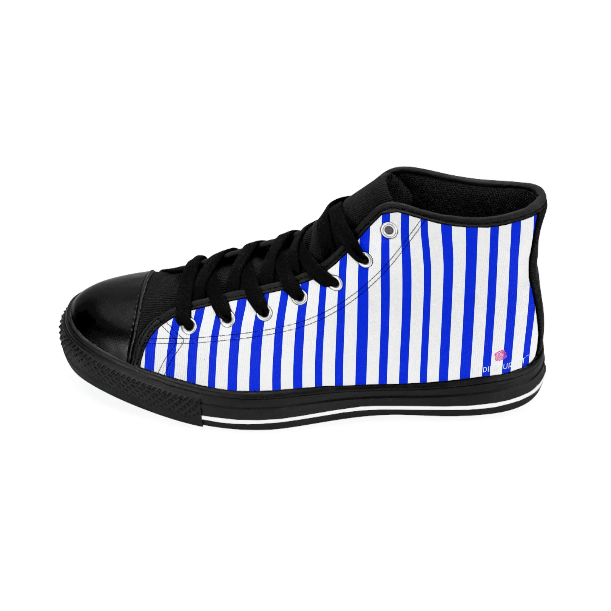 Blue White Striped Men's Sneakers, Designer Men's High Top Sneakers Running Fashion Canvas Shoes