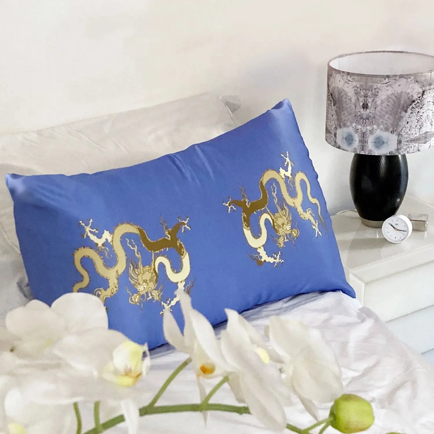 Blue With Golden Dragon Design Silk Pillowcase