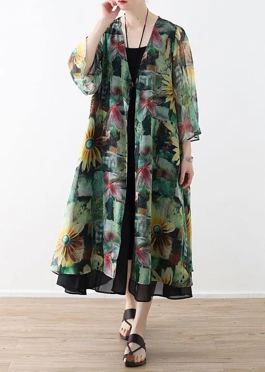 Bohemian Green Print Long Sleeve Chiffon Long Cardigan