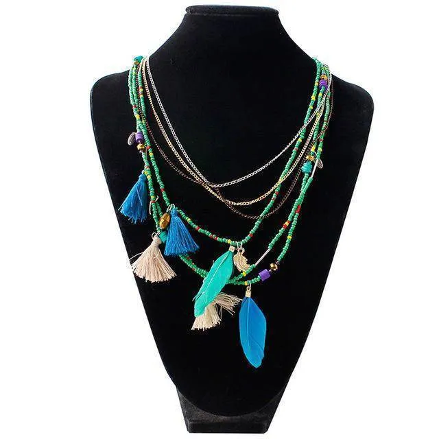 Bohemian  Necklaces Handmade Multilayered Beads Long Feather Tassel