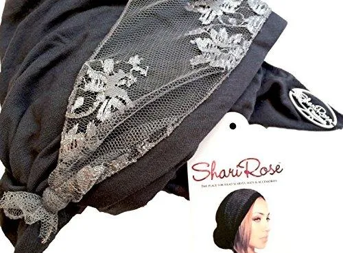 Boho Chic Artisan Head-scarf Tichel Embellished with Wide Floral Lace (Gray grey lace - 341)