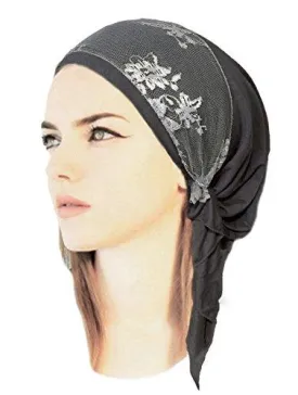 Boho Chic Artisan Head-scarf Tichel Embellished with Wide Floral Lace (Gray grey lace - 341)