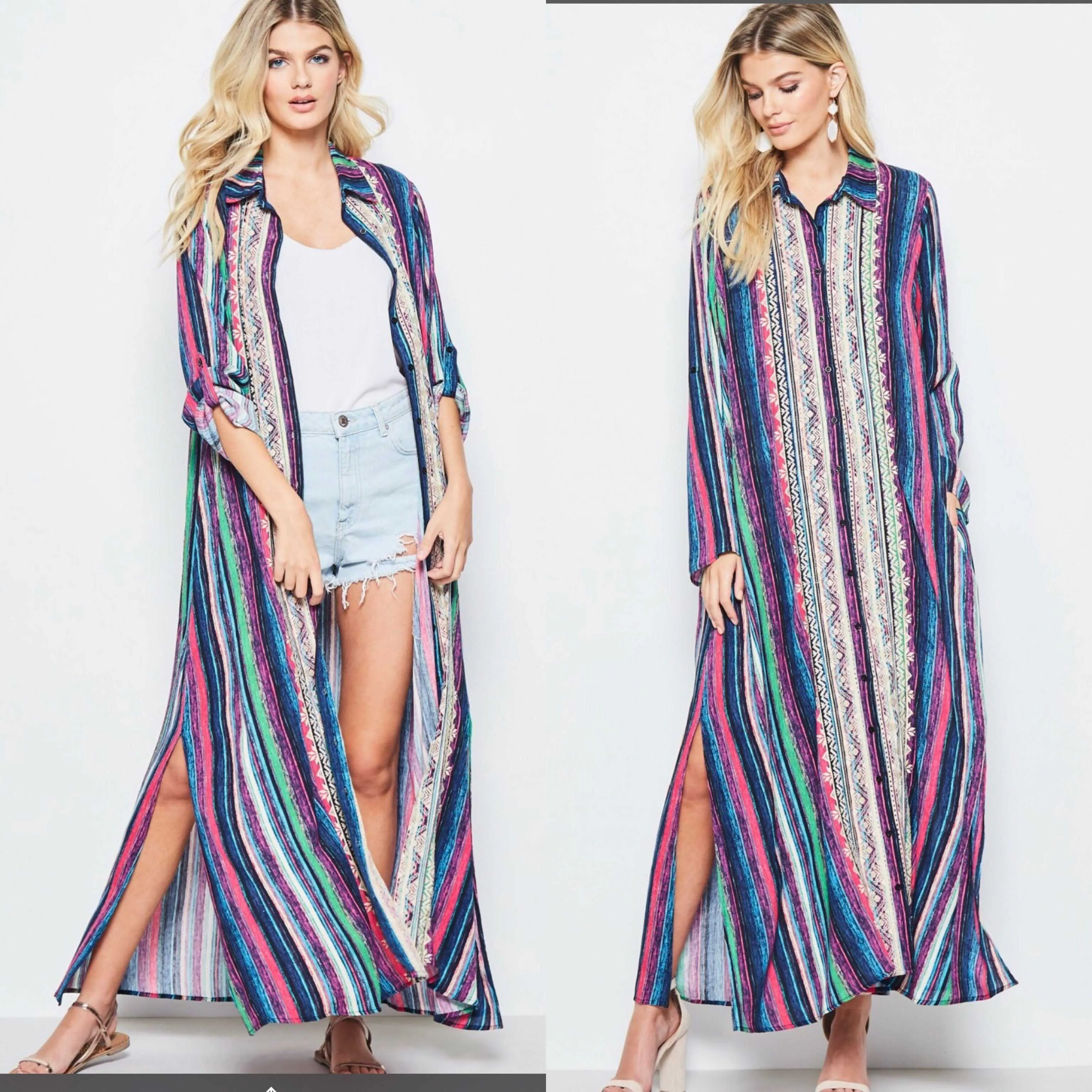 Boho Embroidered Candy Stripe Maxi Duster