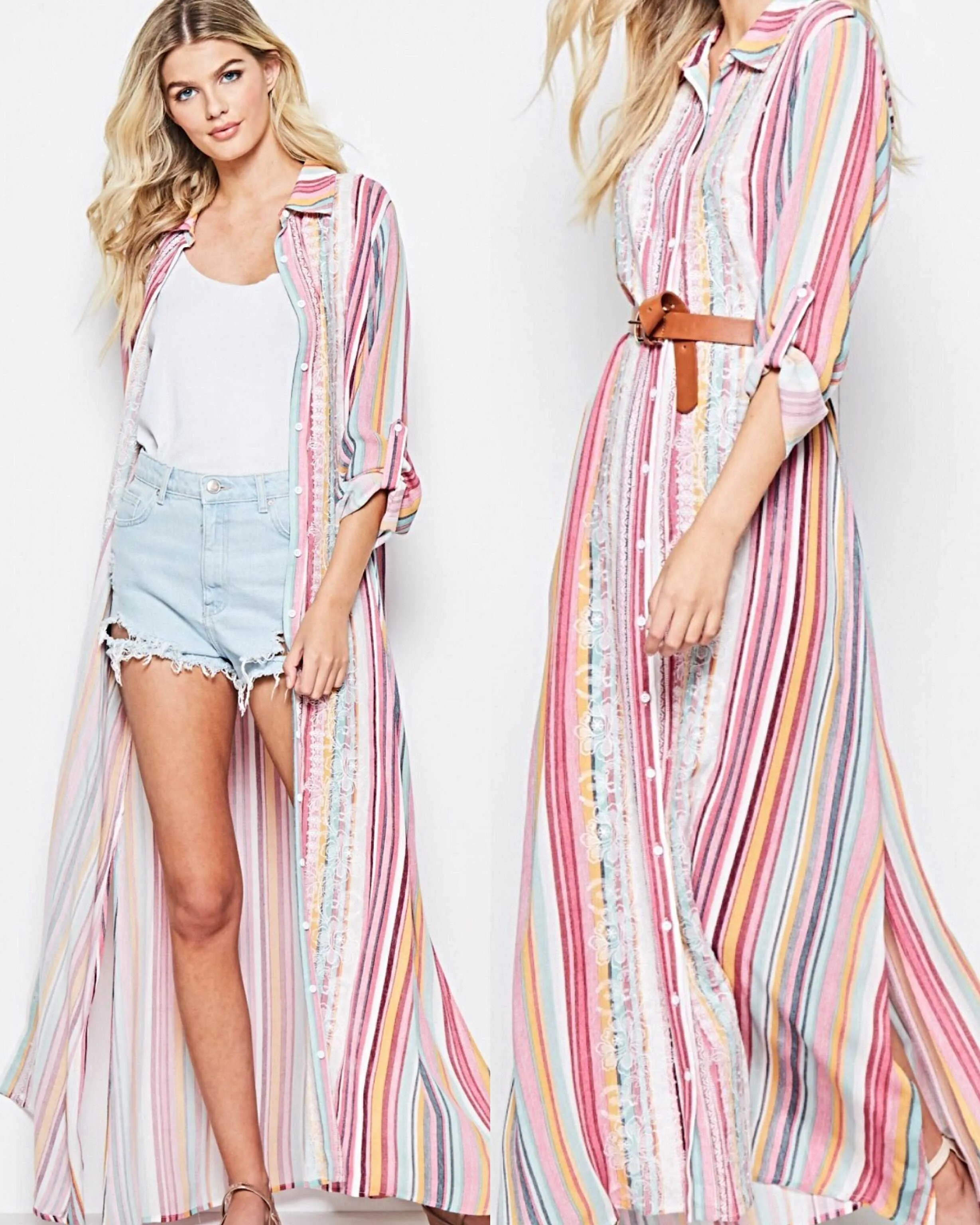 Boho Embroidered Candy Stripe Maxi Duster