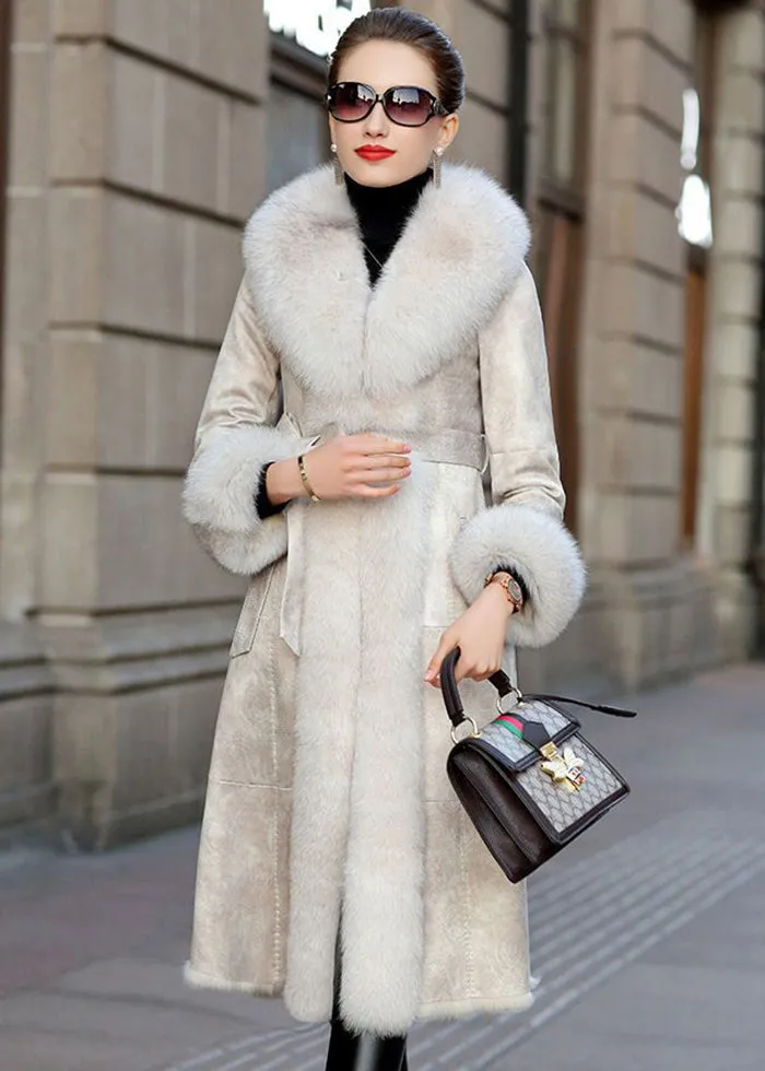 Boho Khaki Fox Collar Cinched Fuzzy Rabbit Leather And Fur Coats Winter LY9411