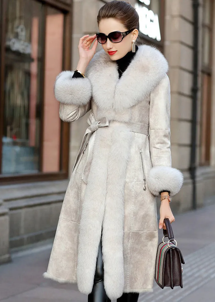 Boho Khaki Fox Collar Cinched Fuzzy Rabbit Leather And Fur Coats Winter LY9411