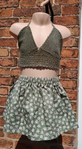 Boho, Summer sun suit, cotton mix bralette top and cute skirt, girls age 2-3 years