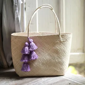 Borneo Sani Straw Tote Bag with Purple Tassels