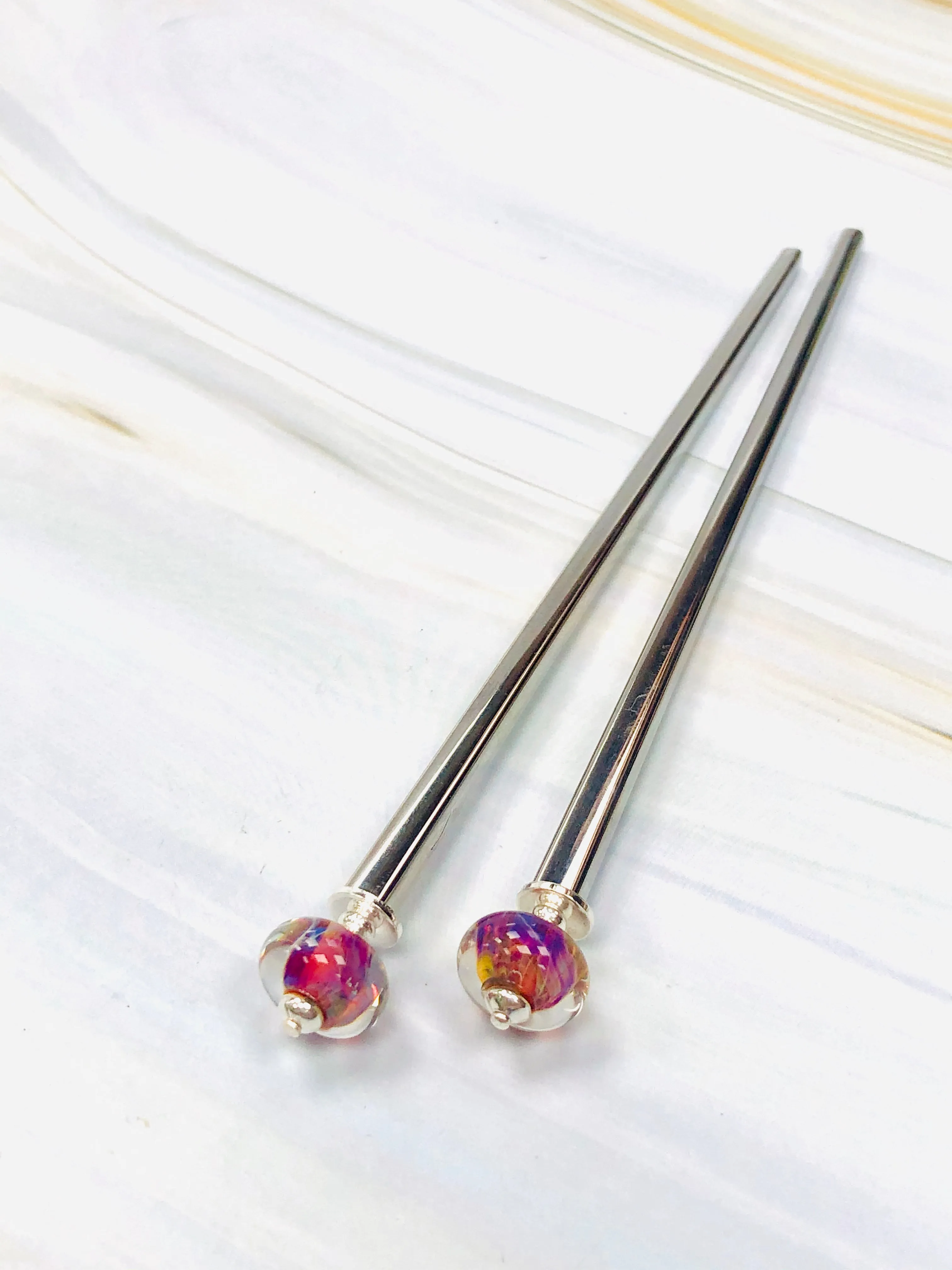 Borosilicate Magenta Art Glass Hair Sticks, hand made hair sticks, shawl pin