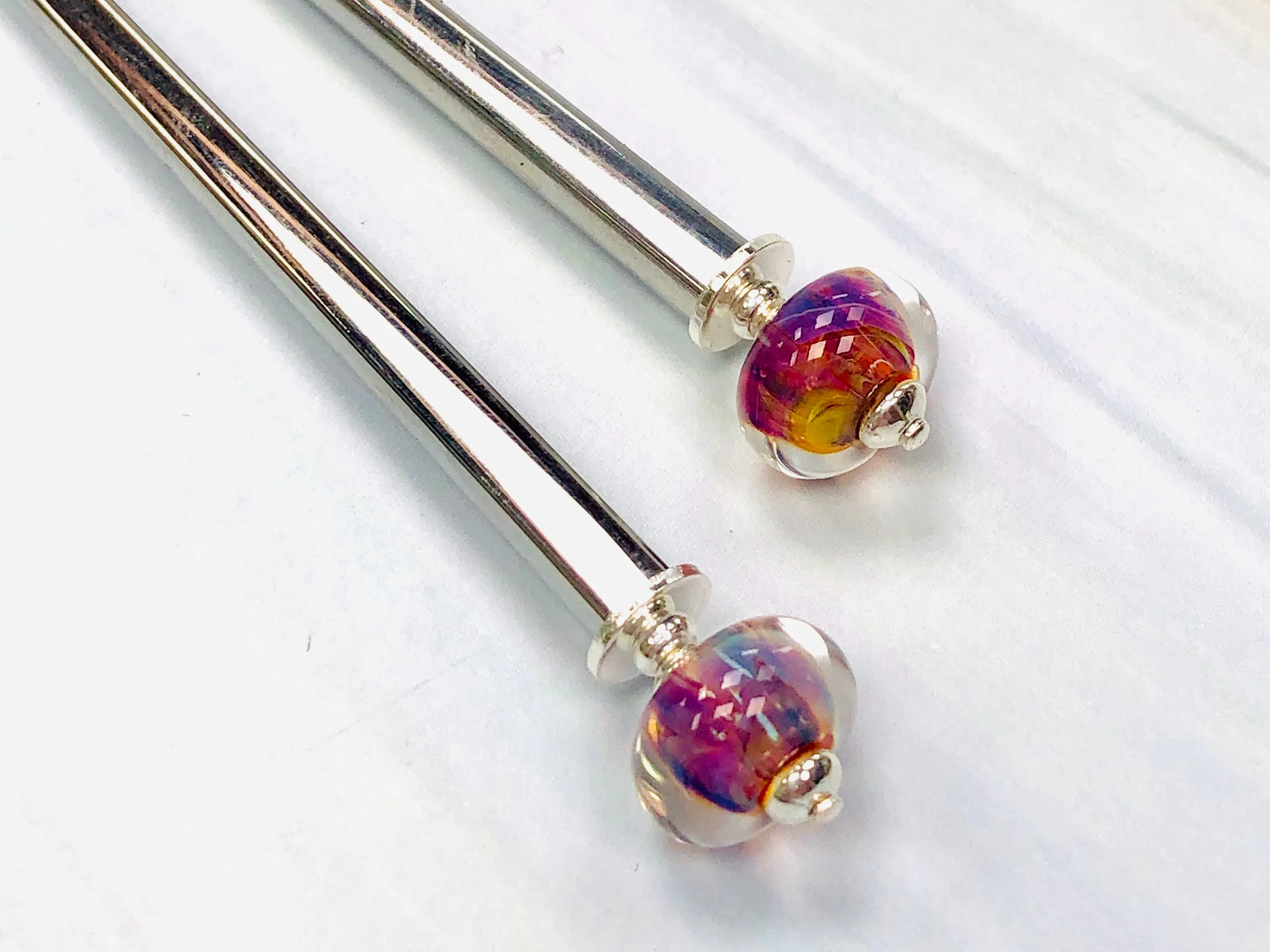 Borosilicate Magenta Art Glass Hair Sticks, hand made hair sticks, shawl pin