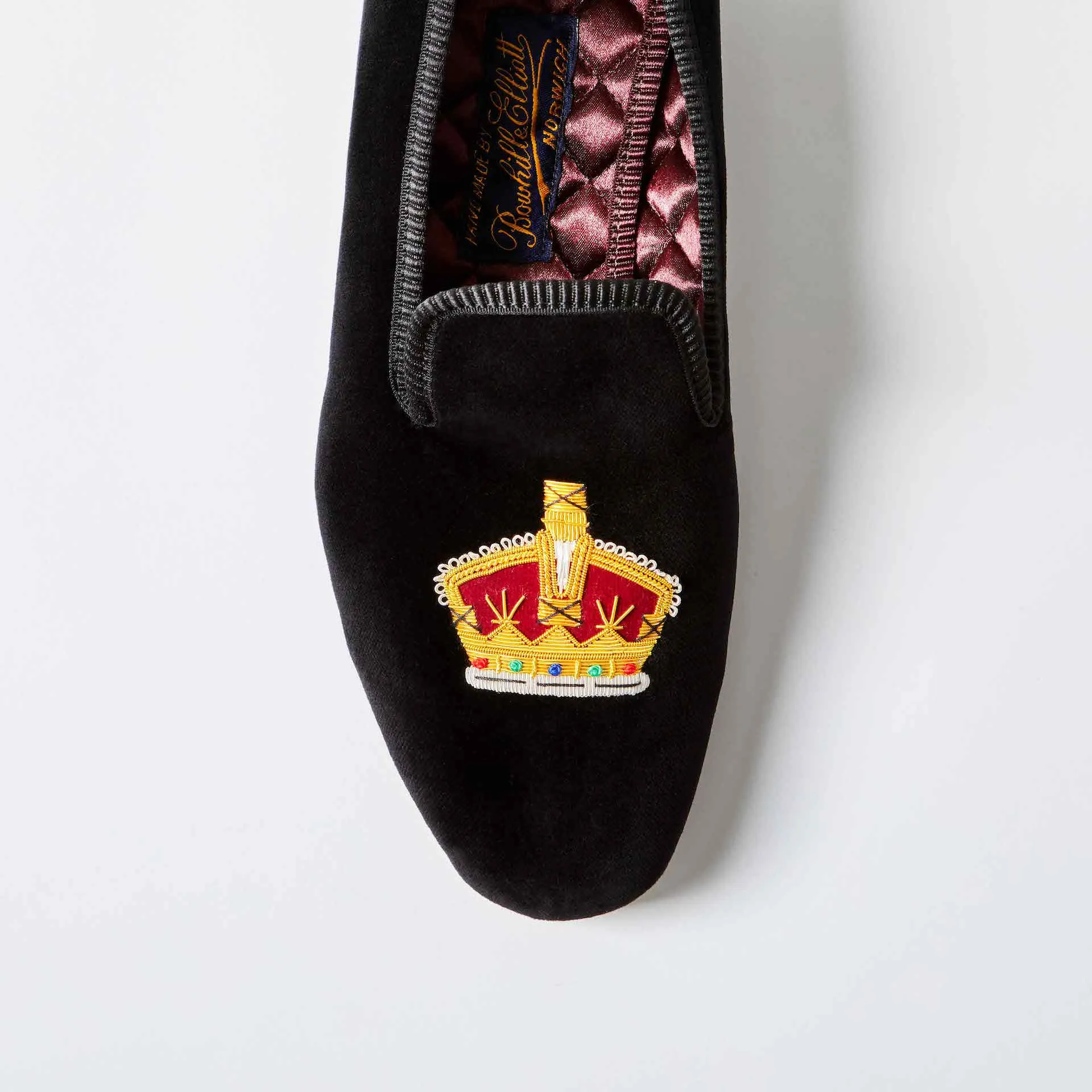 Bowhill & Elliot Black Velvet Albert Slippers with Embroidered Crown