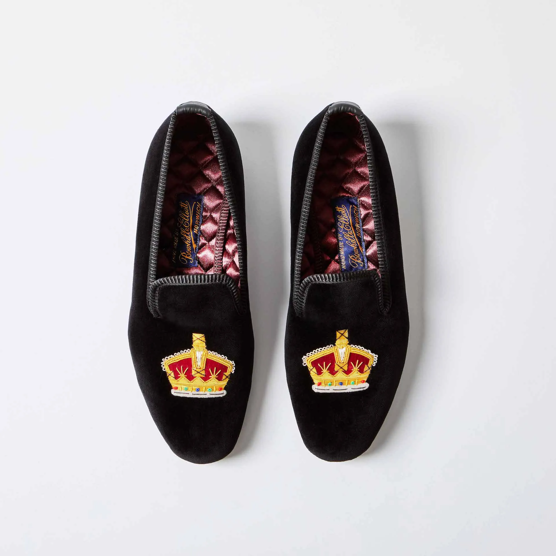 Bowhill & Elliot Black Velvet Albert Slippers with Embroidered Crown