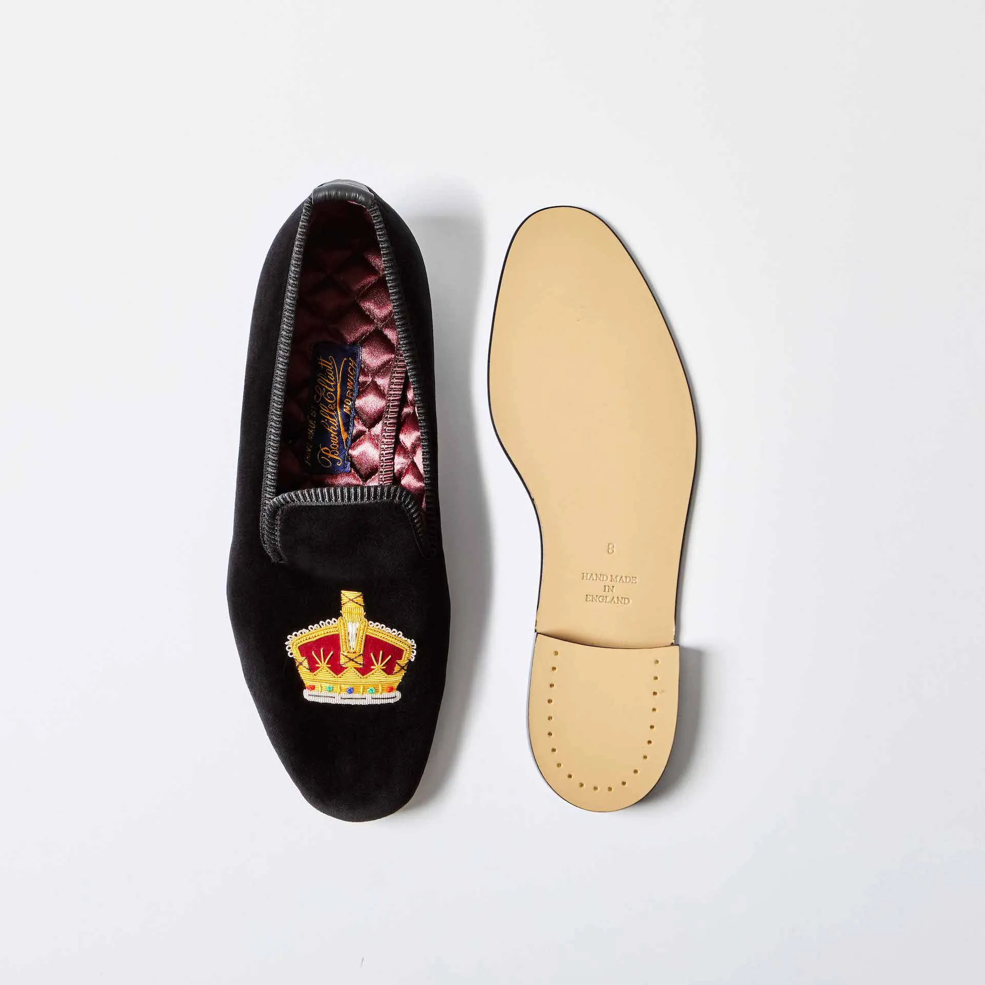 Bowhill & Elliot Black Velvet Albert Slippers with Embroidered Crown