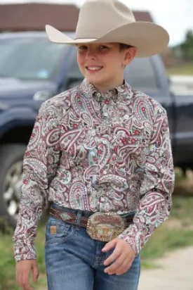 BOYS MATCH DAD PAISLEY BUTTON- DOWN WESTERN SHIRT - BURGUNDY