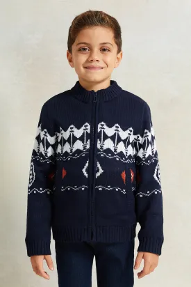 Boys Navy High Neck Zip Through Fur Lining Cardigan