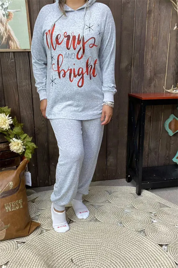 BQ15556 Christmas holiday "Merry and bright" red printed hoodie 2pcs women sets w/string gray long sleeve