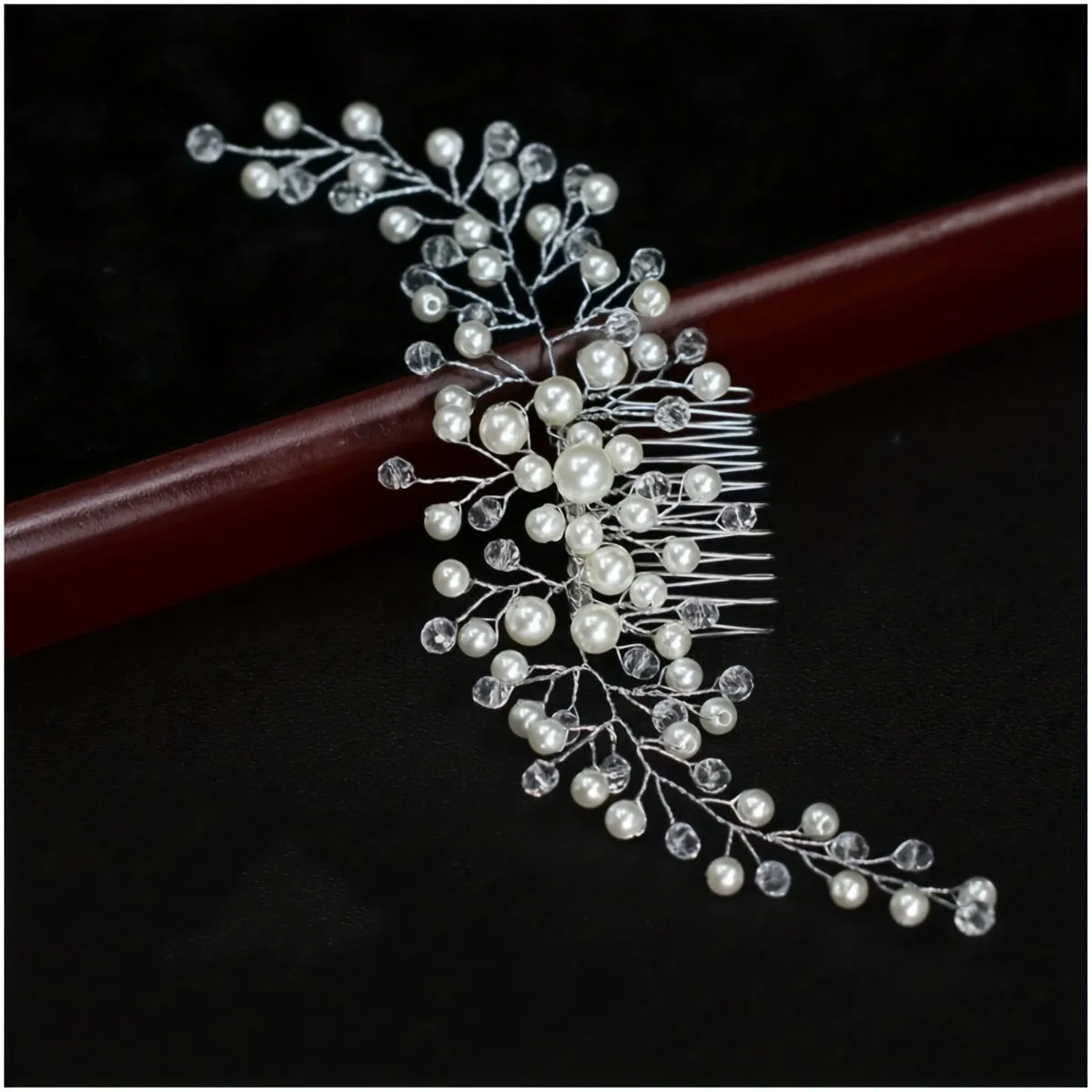 Bridal Crystal Hair Comb with Faux Pearls in Silvery Finish