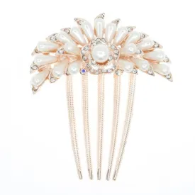 Bridal Glass Pearl French Twist Up-do Comb with Rhinestones Blooming Flower