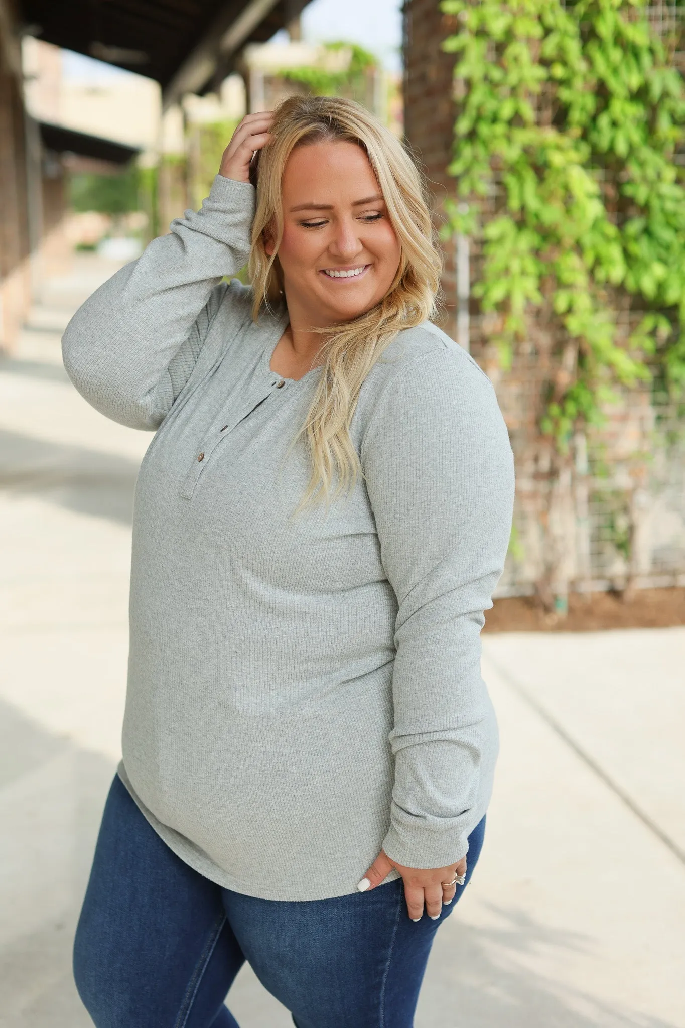 Brielle Henley Ribbed Long Sleeve - Light Grey