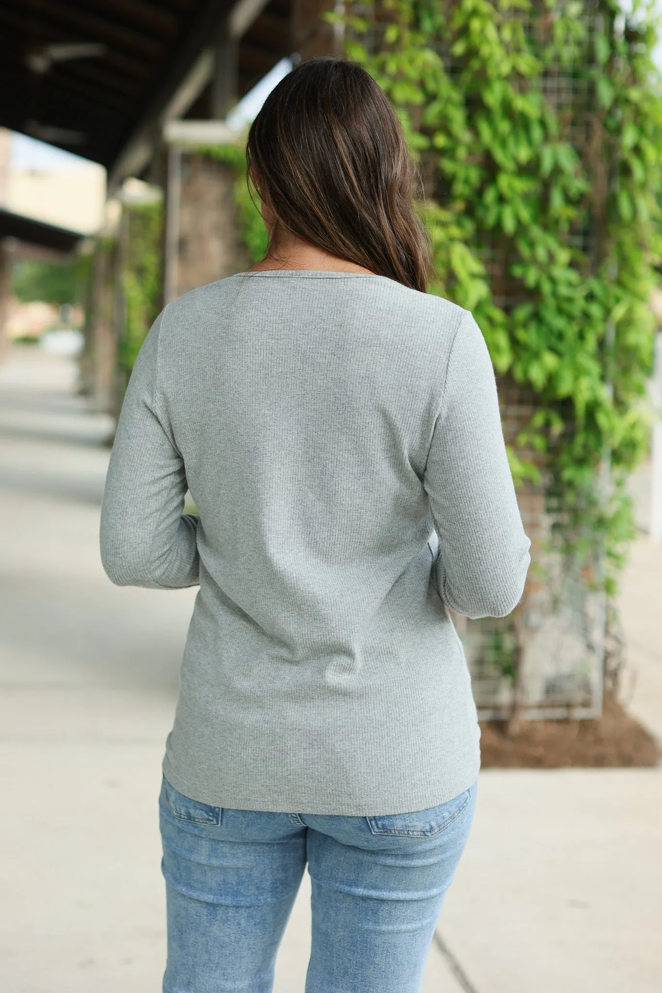 Brielle Henley Ribbed Long Sleeve - Light Grey