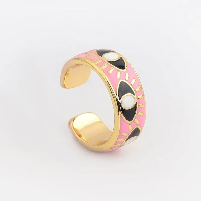 Bright-Colored Engraved Lucky Eyes Enamel Rings