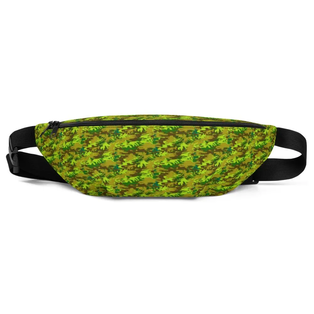 Bright Green Camo Fanny Pack, Army Camouflage Print Designer Belt Bag- Made in USA/MX/EU