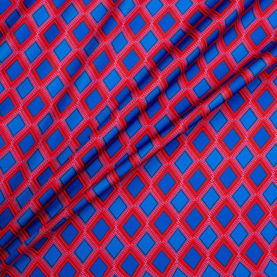 Bright Red & Royal Blue Rhombus Printed Silk Twill (A 2m Piece)