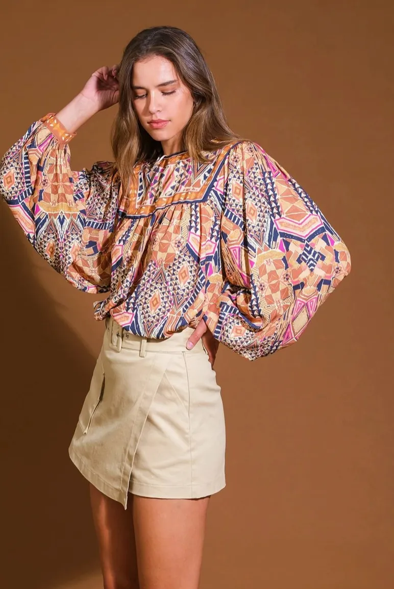 Brown & Gray Printed Woven Blouse