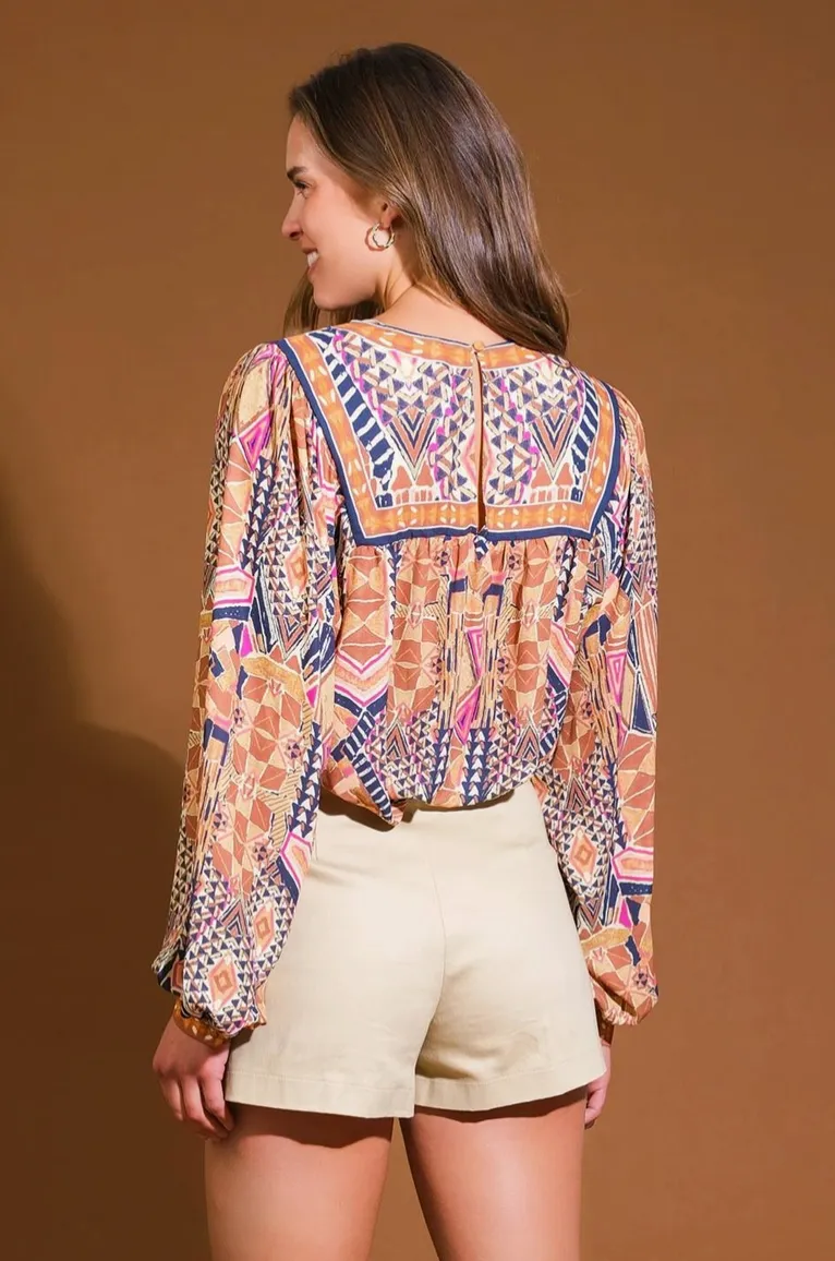 Brown & Gray Printed Woven Blouse