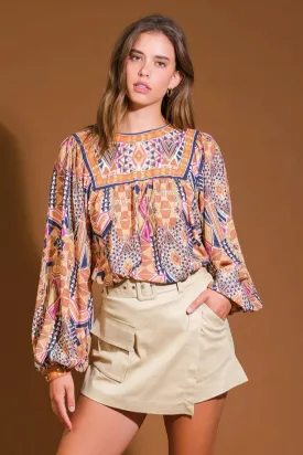 Brown & Gray Printed Woven Blouse