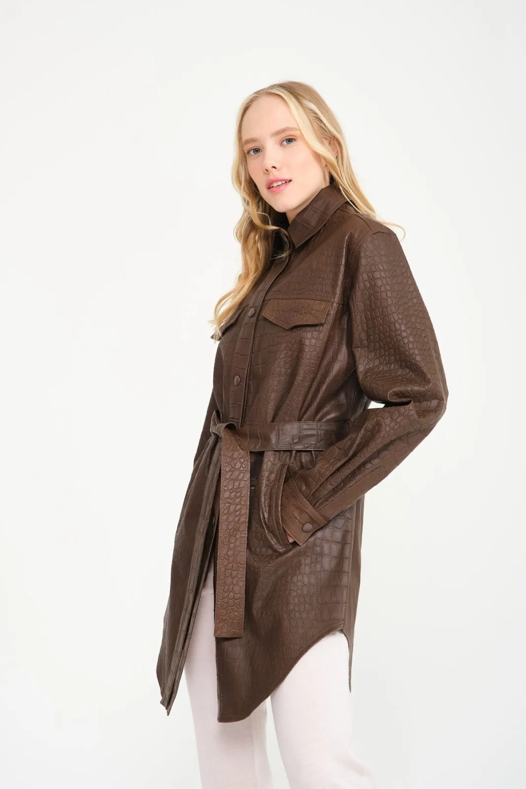 Brown Crocodile Pattern Leather Coat