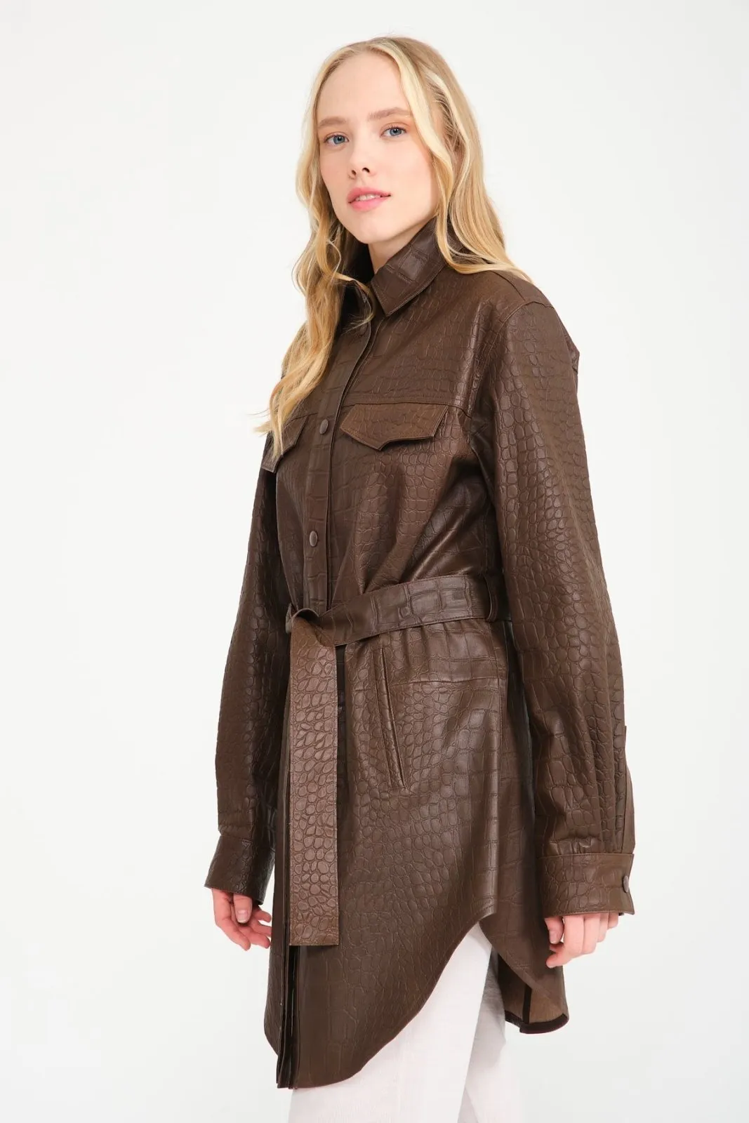 Brown Crocodile Pattern Leather Coat