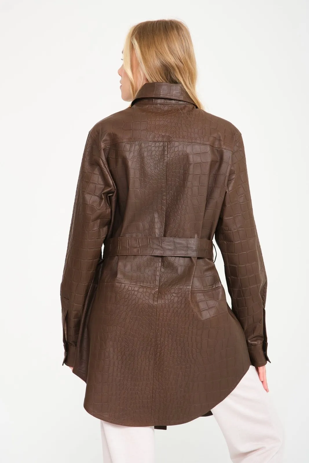 Brown Crocodile Pattern Leather Coat