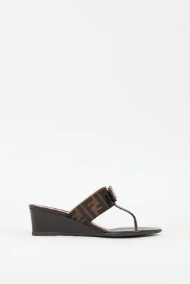 Brown Leather Zucca T-strap Wedge Sandal