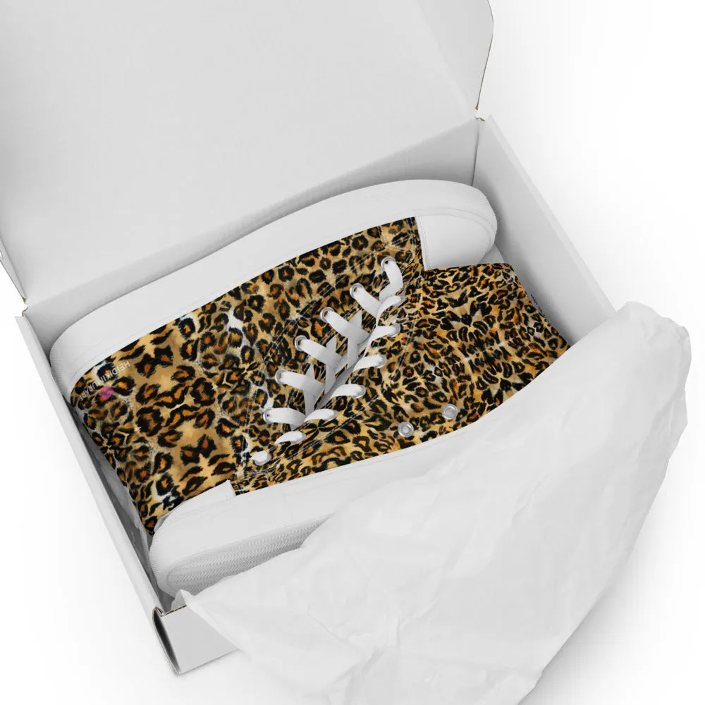 Brown Leopard Men's High Top, Leopard Animal Print Men’s High Top Canvas Sneaker Shoes (US Size: 5-13)