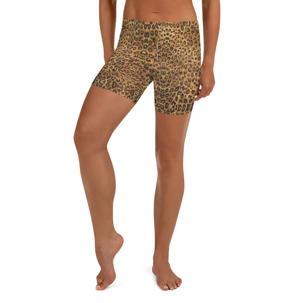 Brown Leopard Women's Shorts, Animal Print Stretchy Comfy Elastic Tights-Made in USA/EU