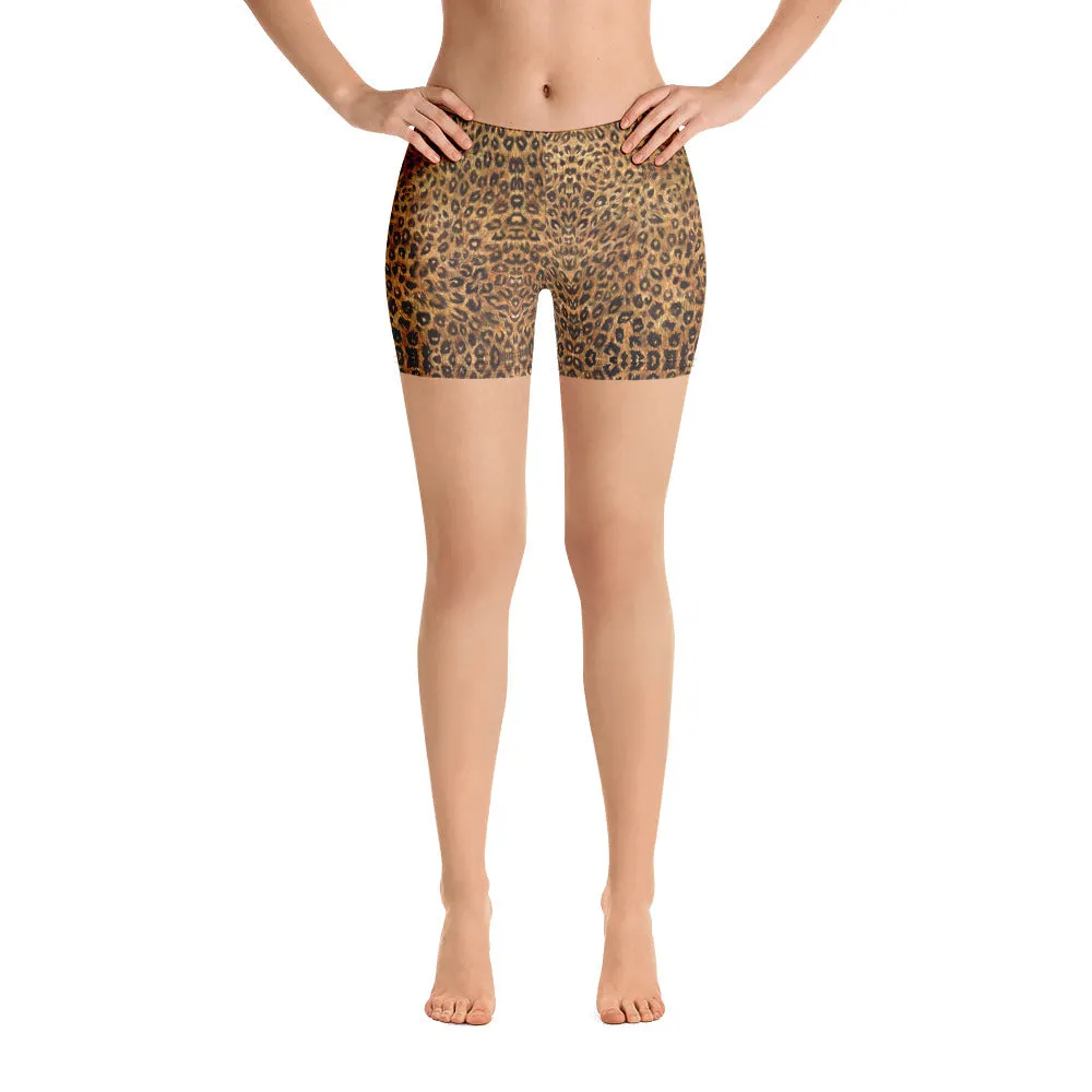 Brown Leopard Women's Shorts, Animal Print Stretchy Comfy Elastic Tights-Made in USA/EU