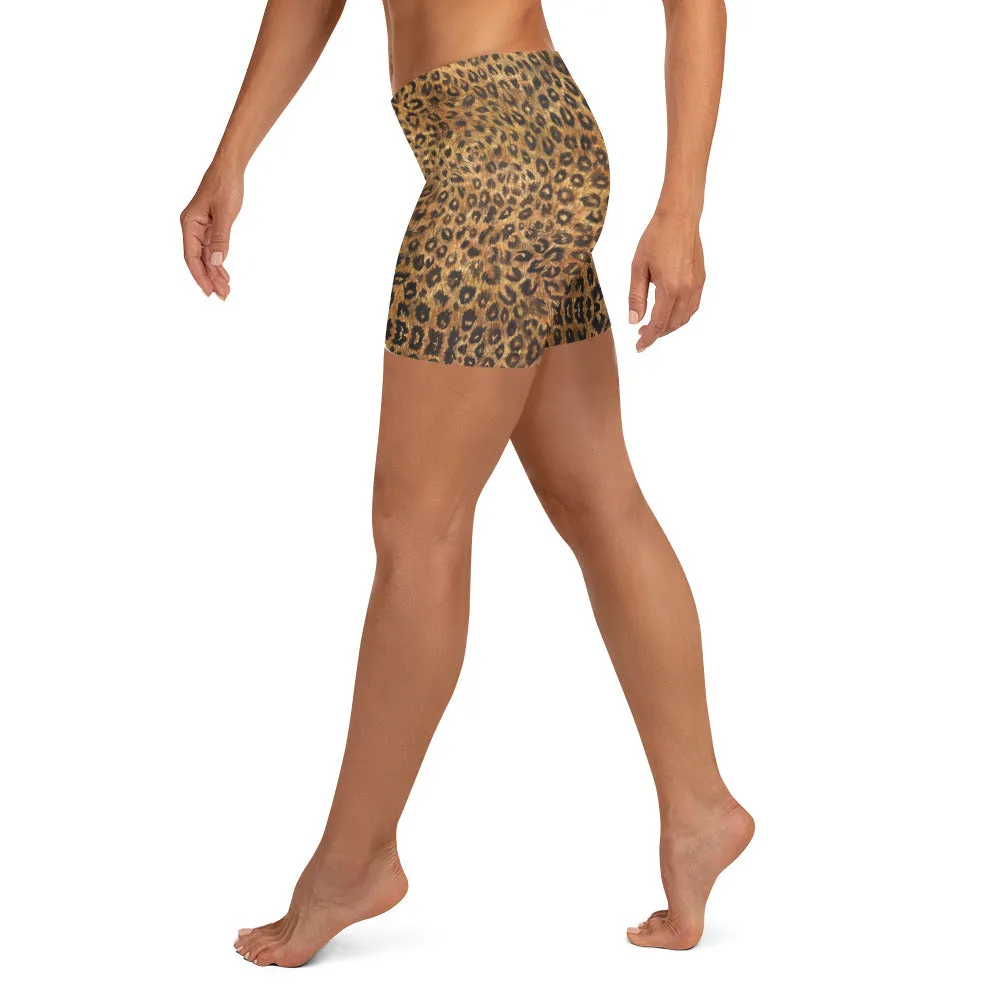 Brown Leopard Women's Shorts, Animal Print Stretchy Comfy Elastic Tights-Made in USA/EU