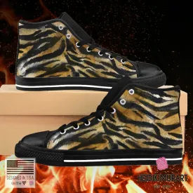 Brown Tiger Striped Men's Sneakers, Best Wild Fierce Tiger Striped Animal Print Pattern Designer Men's High Top Sneakers Shoes