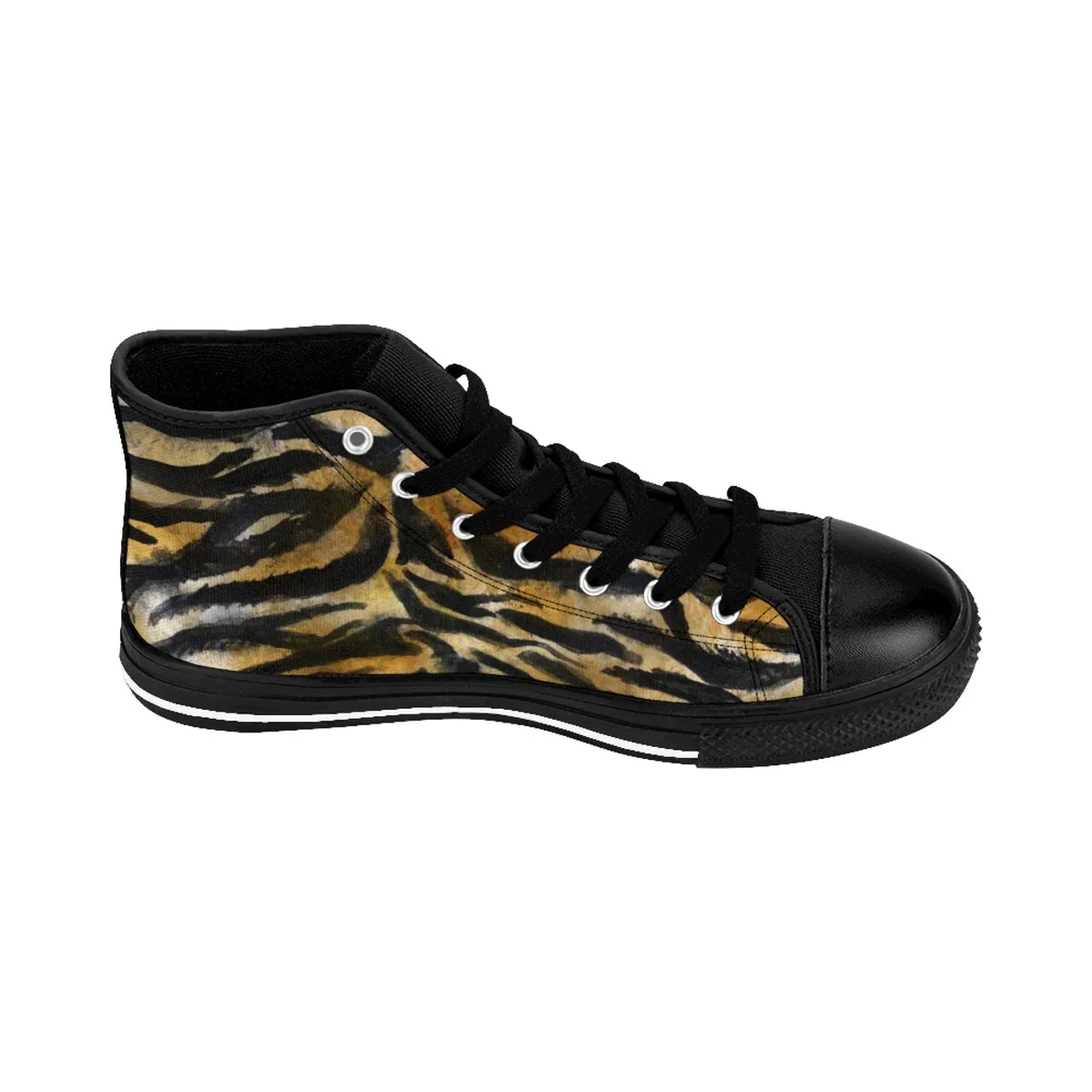 Brown Tiger Striped Men's Sneakers, Best Wild Fierce Tiger Striped Animal Print Pattern Designer Men's High Top Sneakers Shoes