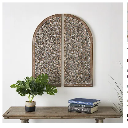 BROWN WOODEN FLORAL HANDMADE ARCHED WALL DECOR WITH INTRICATE CARVINGS