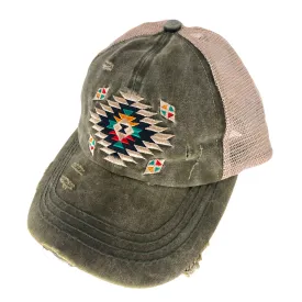 BT-1018 Aztec Criss Cross Pony Cap Dark Olive