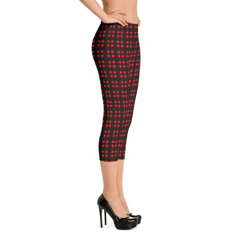 Buffalo Red Plaid Capris Tights, Scottish Style Print Women's Capri Leggings Pants Fashion Tights- Made in USA/ EU