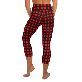 Buffalo Red Plaid Print Capris Tights, Women's Designer Yoga Capri Leggings Pants- Made in USA/ EU